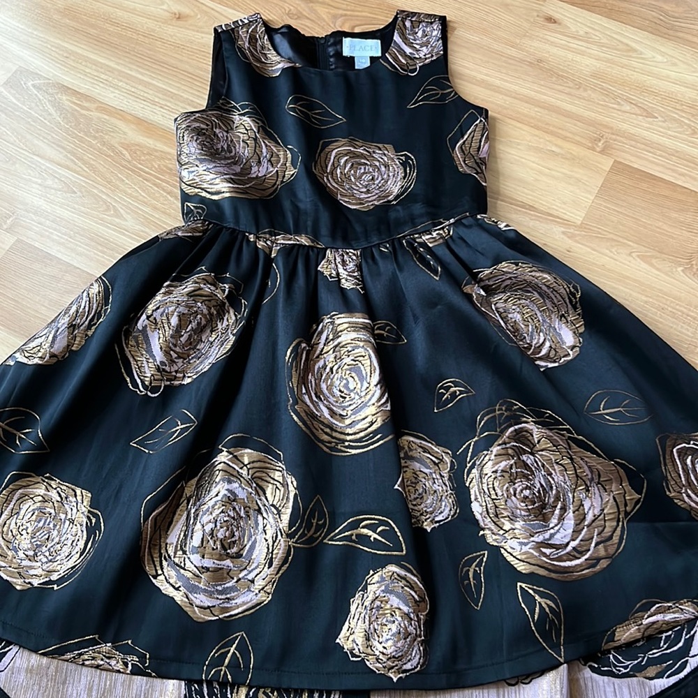 Childrens Place Sleeveless Sleeve Black Gold  Pink Roses Dress Girls Size L 10